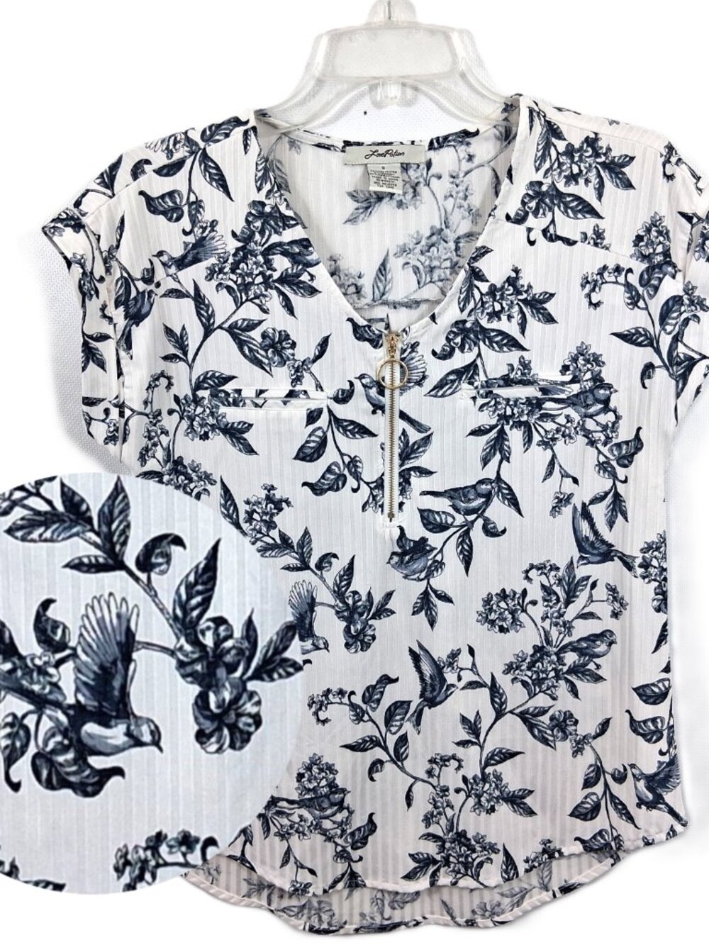 Ribbed Blouse Floral Bird Print Zip Front Casual Top White Navy Blue Sz S